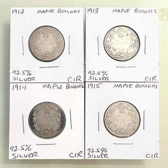 1912, 1913, 1914 & 1915 Canada Sterling Silver 4 x 25¢ Coins! - Picture 1 of 13